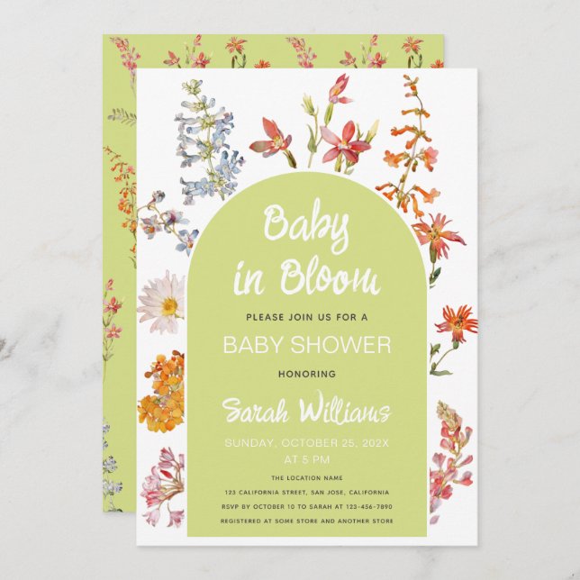 Invitation Bébé fleur sauvage en Fleur Douche Arc vert Floral (Devant / Derrière)