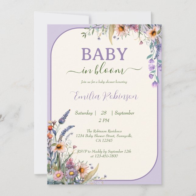 Invitation Bébé Fleur Sauvage en Fleur Violette Poussiéreuse  (Devant)