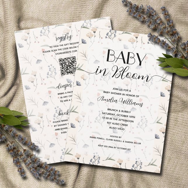 Invitation Bébé fleur sauvage en fleurs douche ivoire tout en (Wildflower baby in bloom ivory all in one baby shower invitations, PRINTED and/or DOWNLOAD)