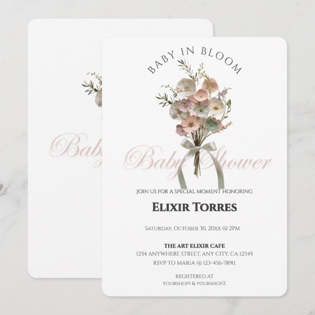 Invitation Bébé Fleur sauvage habillé dans le Baby shower Blo (Devant / Derrière)