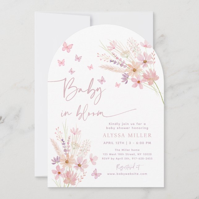 Invitation Bébé Fleur sauvage papillon dans le Baby shower fl (Devant)