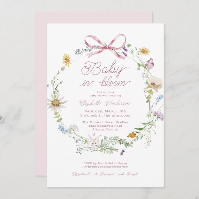 Invitation Bébé Fleur sauvage Rose Dans Baby shower Fleur (Devant / Derrière)