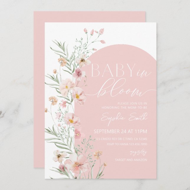 Invitation Bébé Fleur sauvage rose pâle dans le Baby shower f (Devant / Derrière)