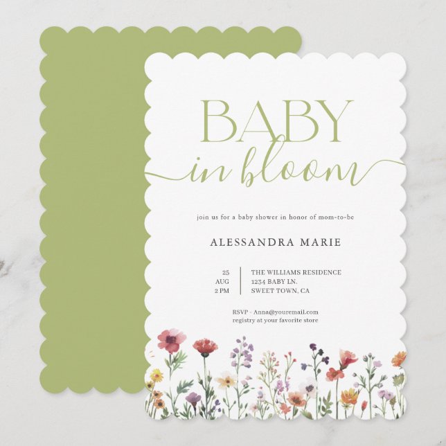 Invitation Bébé Fleur Verte en Fleur Baby Shower (Devant / Derrière)