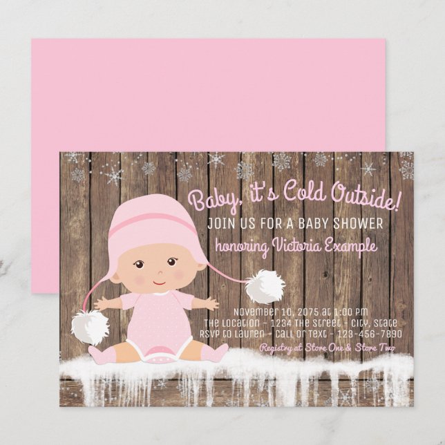 Invitation Bébé flocon de neige rose il fait froid dehors Sho (Devant / Derrière)