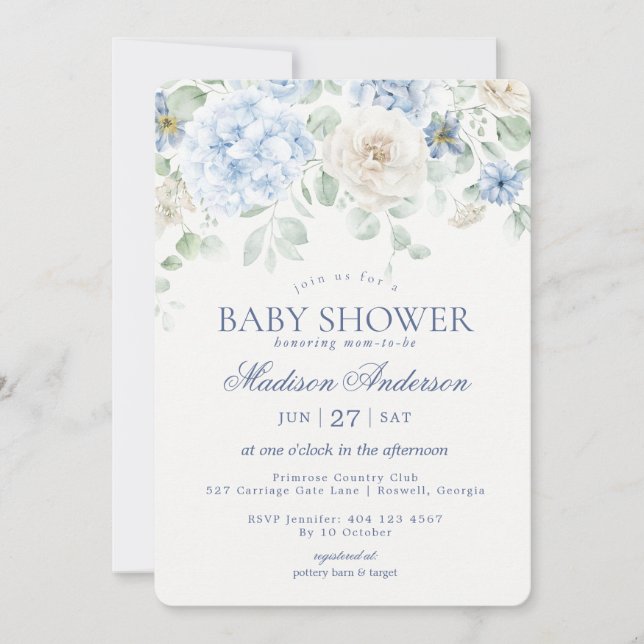 Invitation Bébé Floral bleu en Fleur Baby shower Hydrangea (Devant)