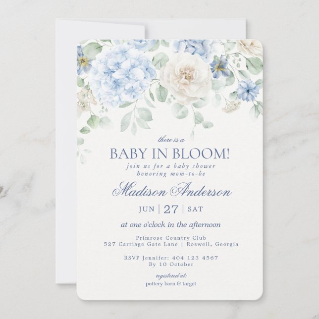 Invitation Bébé Floral bleu en Fleur Baby shower Hydrangea (Devant)