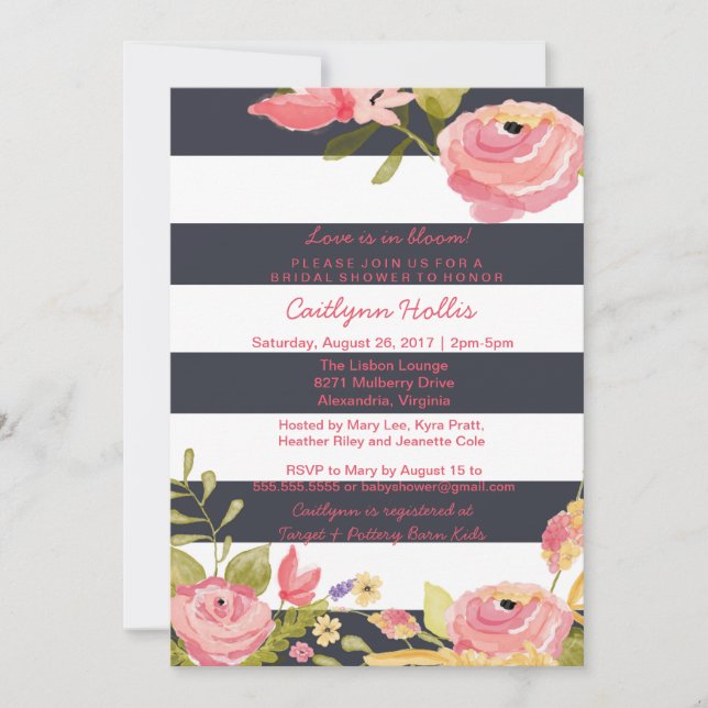 Invitation Bébé floral intelligent de rose et de marine, (Devant)