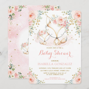 Invitation Bébé Floral Rose Blush Woodland Fox Girl Douche da