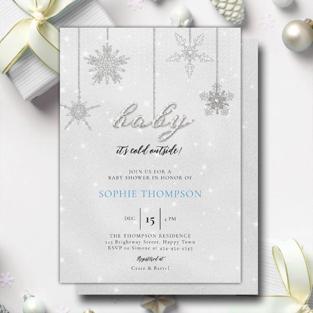Invitation Bébé Froid à l'extérieur de Parties scintillant Sn (baby its cold outside baby shower invitation rhinestone glitter sparkle snowflakes baby boy elegant)