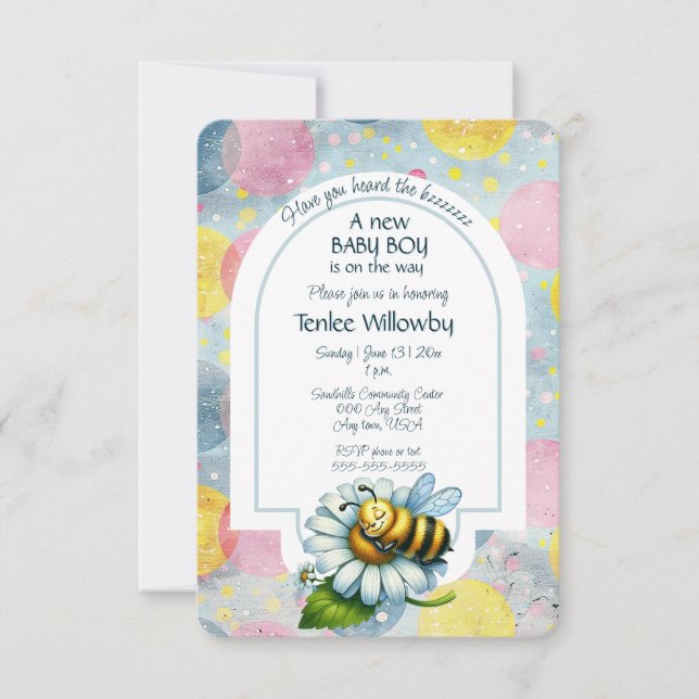 Invitation Bébé garçon abeille dans une douche de fleurs  (Devant)