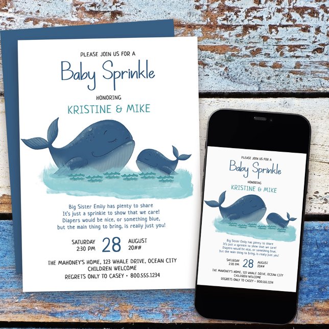 Invitation Bébé garçon aquarelle Baleine Heureuse Sprinkle (Baby Sprinkle Invitation from my Happy Whale collection. Message if you need different items
)