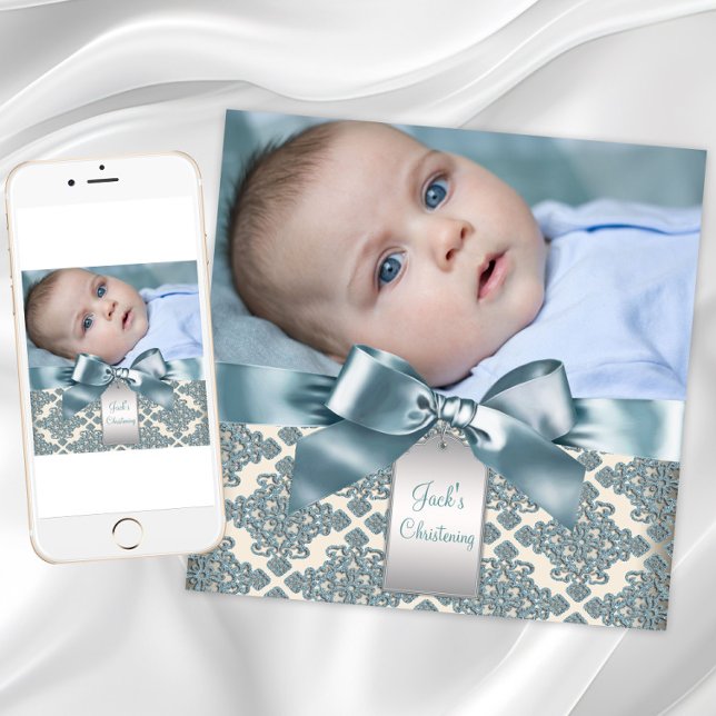 Invitation Bébé garçon beige bleu damas photo baptême (Boy photo Christening or Baptism invitation. Instant download and printed invitations available.)