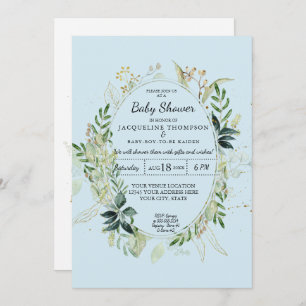 Invitation Bébé Garçon Bleu Douche Aquarelle Eucalyptus Folia