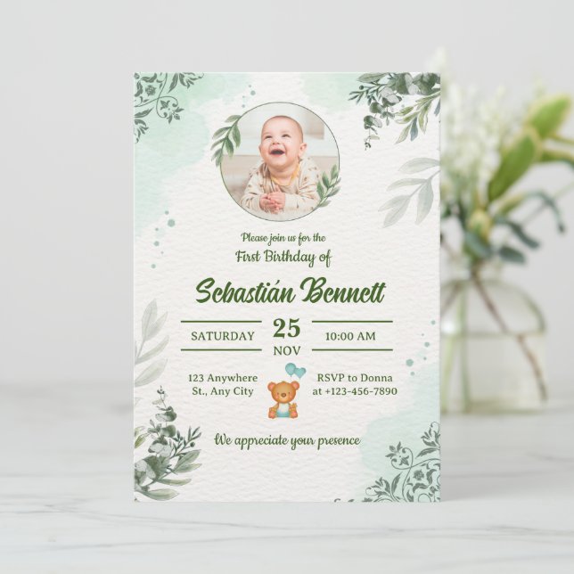 Invitation Bébé Garçon Bleu Élégant Première Anniversaire Pho (Debout devant)