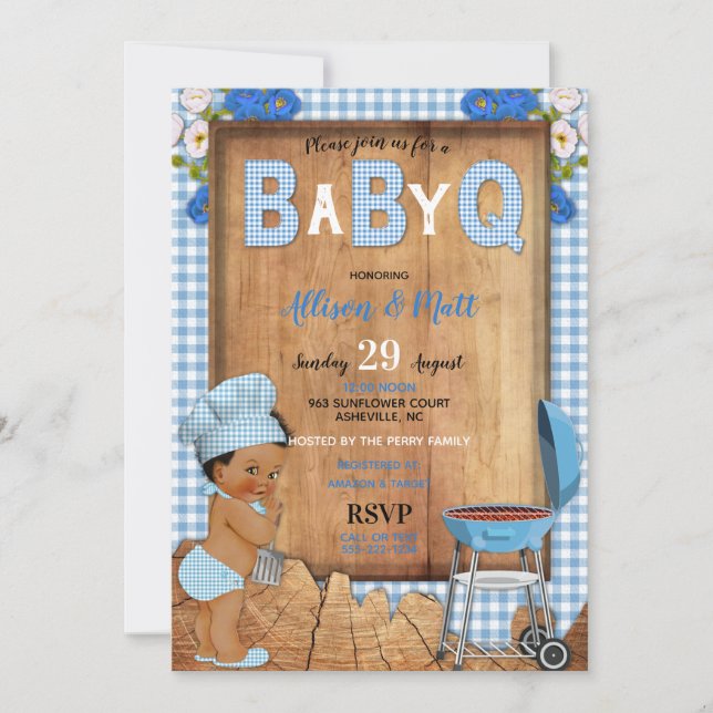 Invitation Bébé garçon bleu gingham fleurs en bois bébé Q bar (Devant)