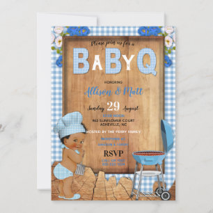 Invitation Bébé garçon bleu gingham fleurs en bois bébé Q bar