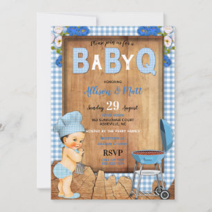 Invitation Bébé garçon bleu gingham fleurs en bois bébé Q bar