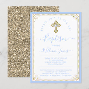 Invitation Bébé Garçon Bleu Lumière Or Élégant Baptême