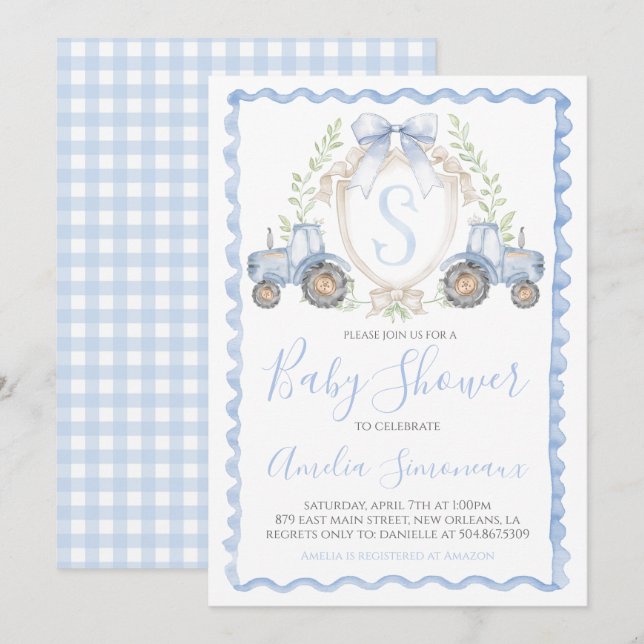 Invitation Bébé Garçon Blue Tracteur Douche Monogramme Crest (Devant / Derrière)