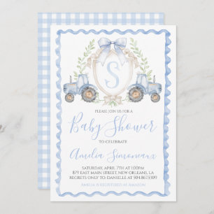 Invitation Bébé Garçon Blue Tracteur Douche Monogramme Crest
