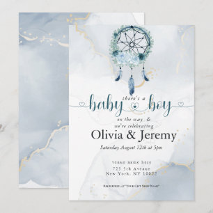 Invitation Bébé garçon BOHO Attrape-rêves sarcelle et bleu po