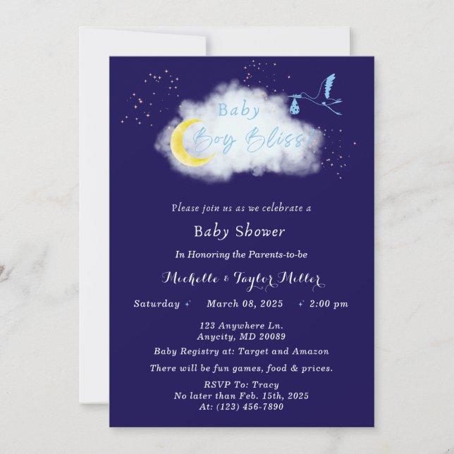 Invitation Bébé Garçon Bonheur Cigogne Bleu Minuit Etoilé (Devant)
