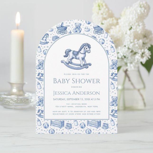 Invitation Bébé Garçon Cheval à Bascule Shower Bleu et Blanc  (Créateur téléchargé)