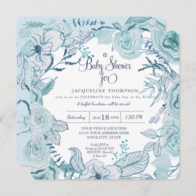 Invitation Bébé Garçon Douche Aquarelle bleu Foliage (Devant / Derrière)