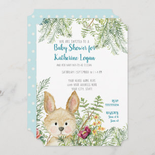 Invitation Bébé Garçon Douche Bois Animaux Lapin Forêt Ferne
