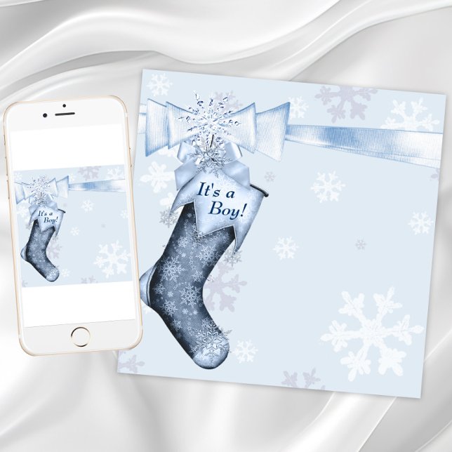 Invitation Bébé garçon douche de neige bleue blanche en hiver (Boy Christmas baby shower invitation with Christmas stocking and snowflakes. Digital and printed.)