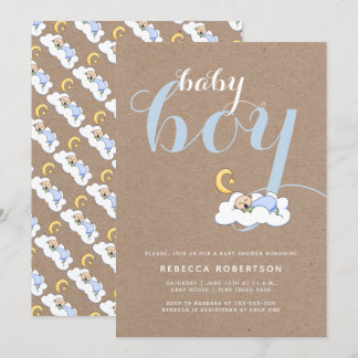 Invitation Bébé garçon douche kraft papier typographie bleu