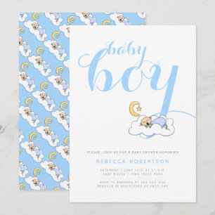 Invitation Bébé garçon endormi douche élégante typographie bl