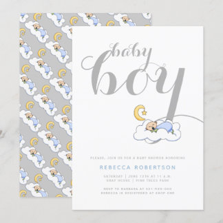 Invitation Bébé garçon endormi douche élégante typographie gr