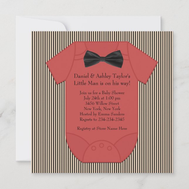 Invitation Bébé Garçon Fête de Naissance Rayure Rouge Noir et (Devant)
