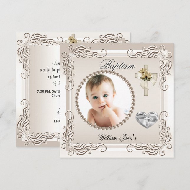 Invitation Bébé Garçon Fille Beige Crème Christening Baptême (Devant / Derrière)