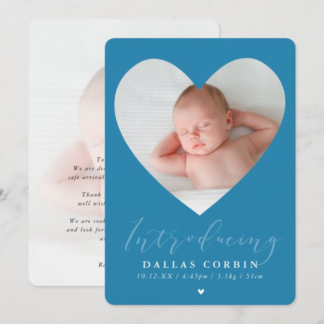 Invitation BÉBÉ GARÇON introduction photo mignon cadre coeur  (Devant / Derrière)