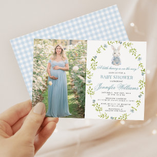Invitation Bébé Garçon Lapin Bleu Printemps Bain Photo