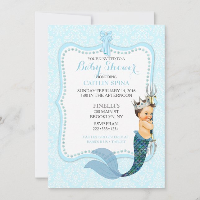 Invitation Bébé garçon Merman Merboy Prince Couronne Damassé  (Devant)