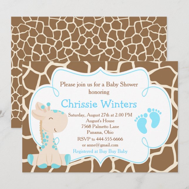 Invitation Bébé Garçon Mignon Girafe Fête Prénatale Bleue (Devant / Derrière)