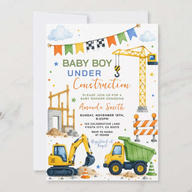 Invitation Bébé Garçon Mignon Sous Chantier de Construction B (Devant)