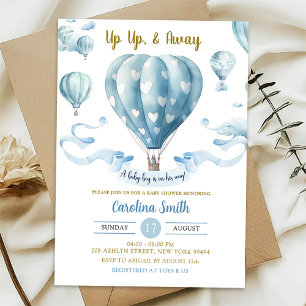 Invitation Bébé garçon montgolfière bleue Up Up & Away Baby S
