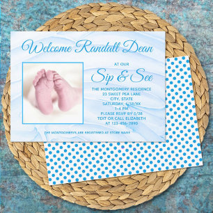 Invitation Bébé garçon nouveau-né bleu Sip and See Photo pers