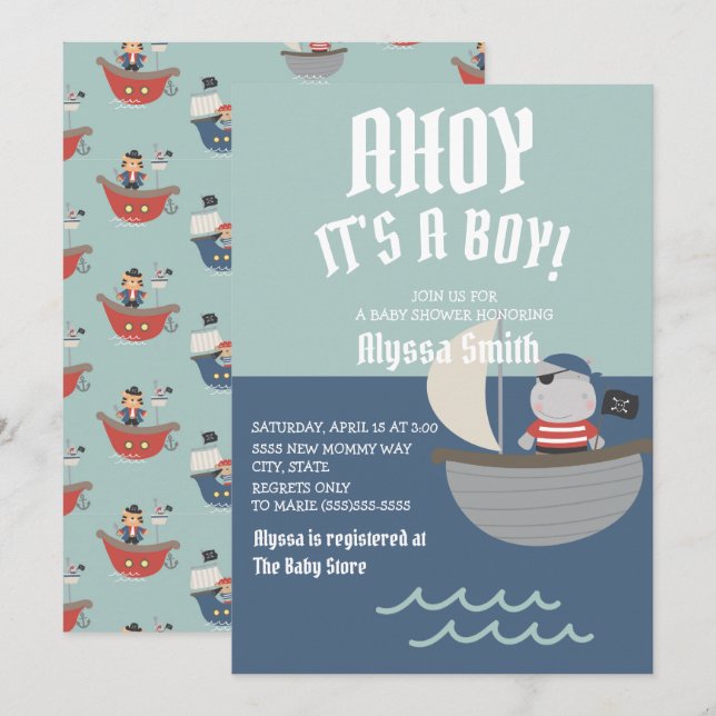 Invitation Bébé garçon pirate bleu Baby Shower (Devant / Derrière)