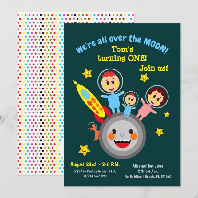 Invitation Bébé garçon premier anniversaire astronaute invita (Devant / Derrière)