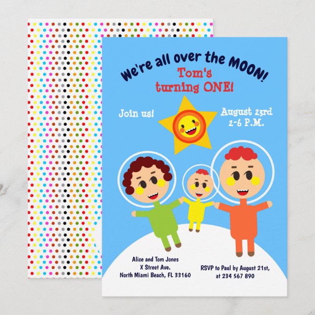 Invitation Bébé garçon premier anniversaire astronaute invita (Devant / Derrière)