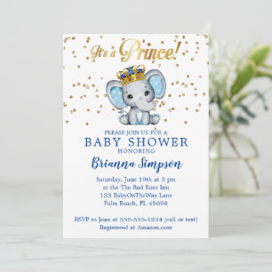 Invitation Bébé Garçon Prince Bleu Royal et Or Éléphant Showe