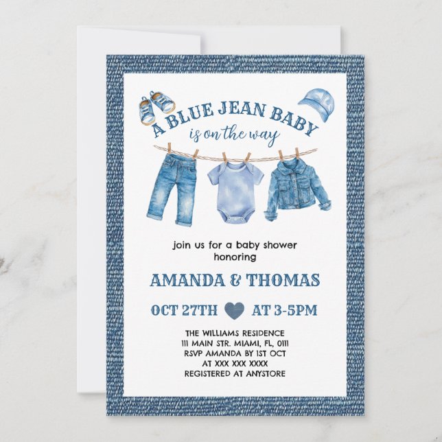 Invitation Bébé garçon shower Jean Bleu (Devant)