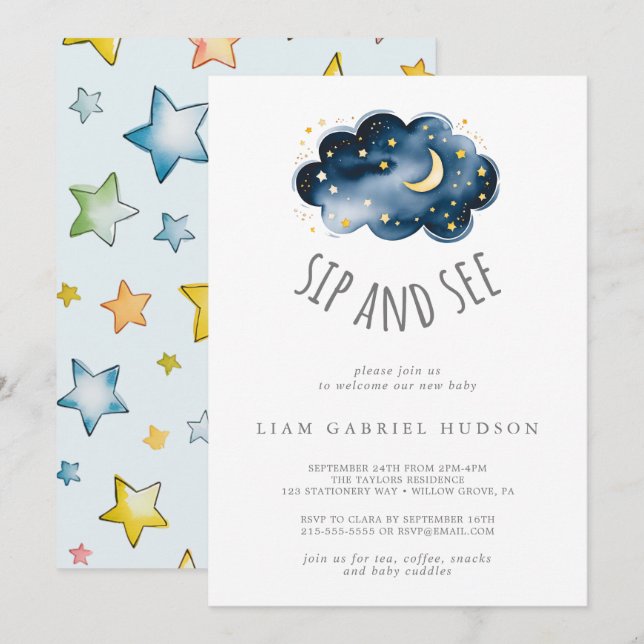 Invitation Bébé Garçon Sip and See Lune et Étoiles (Devant / Derrière)