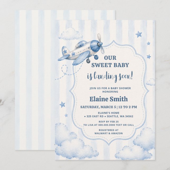 Invitation Bébé Garçon Thème Avion Fête Prénatale Bientôt à l (Devant / Derrière)